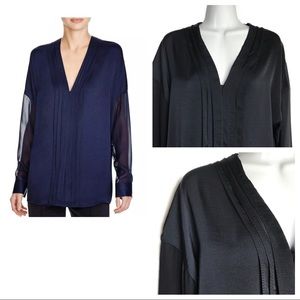 Vince Navy Silk Pleated Button Down Shirts NWT 6